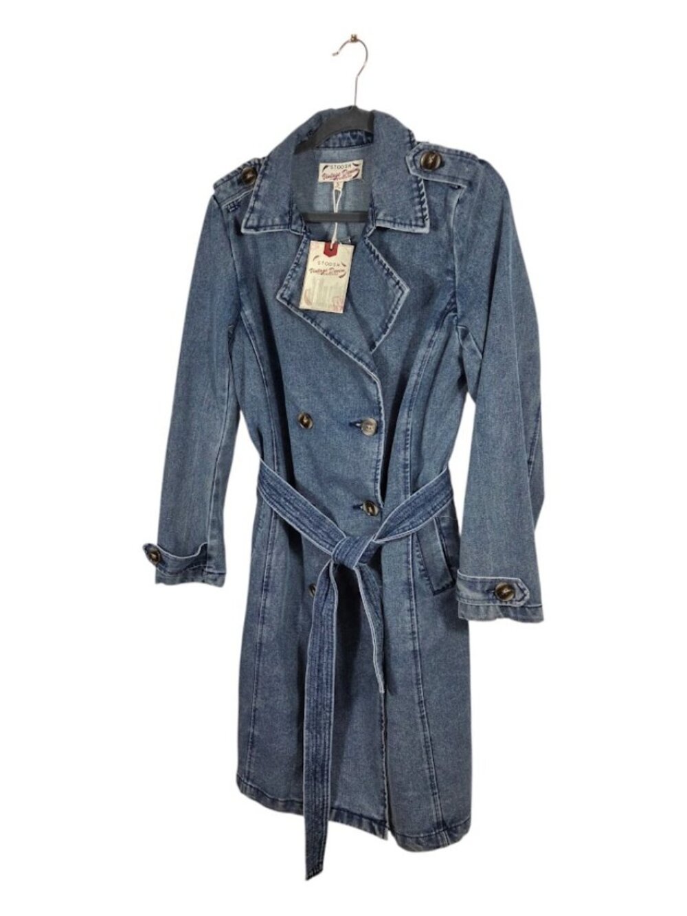 NWT Stoosh Vintage Denim Trench Coat Dress Duster Indigo Blue Size S